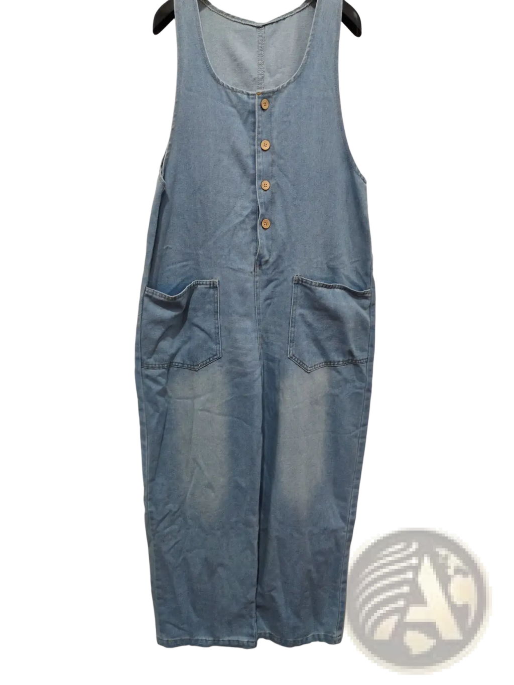 Light blue denim jumpsuit sleeveless pocket overalls dress with wooden buttons and two front pockets