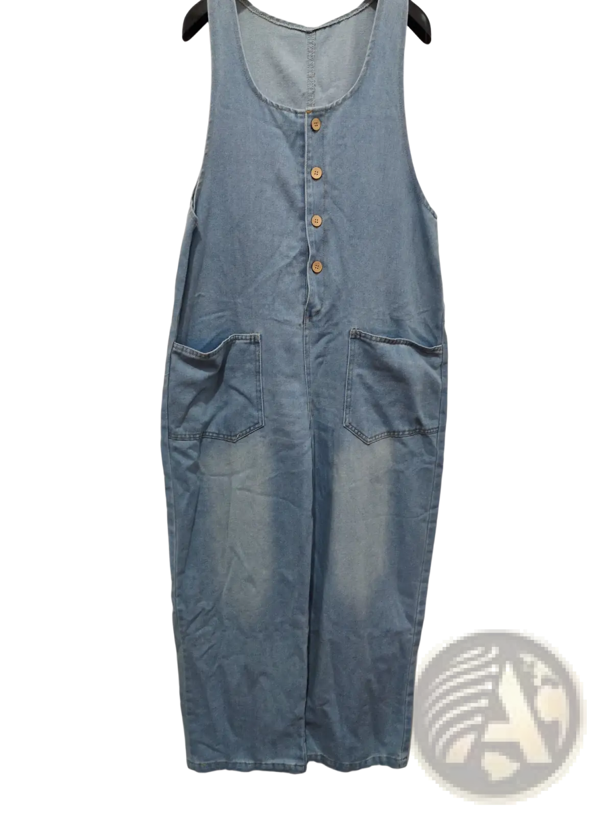 Light blue denim jumpsuit sleeveless pocket overalls dress with wooden buttons and two front pockets