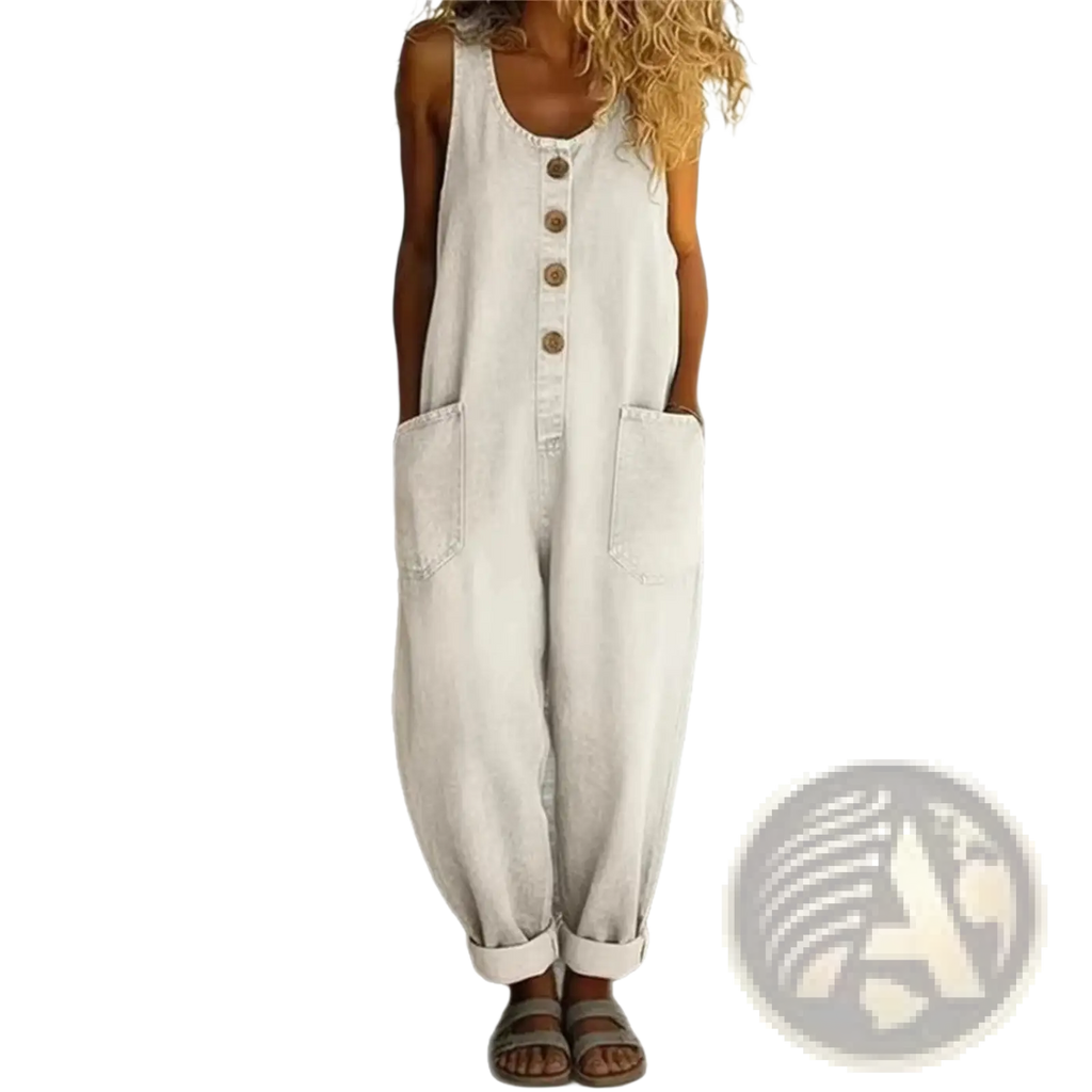 Denim jumpsuit sleeveless pocket overalls in light-wash denim with button-front and cuffed loose-fitting legs