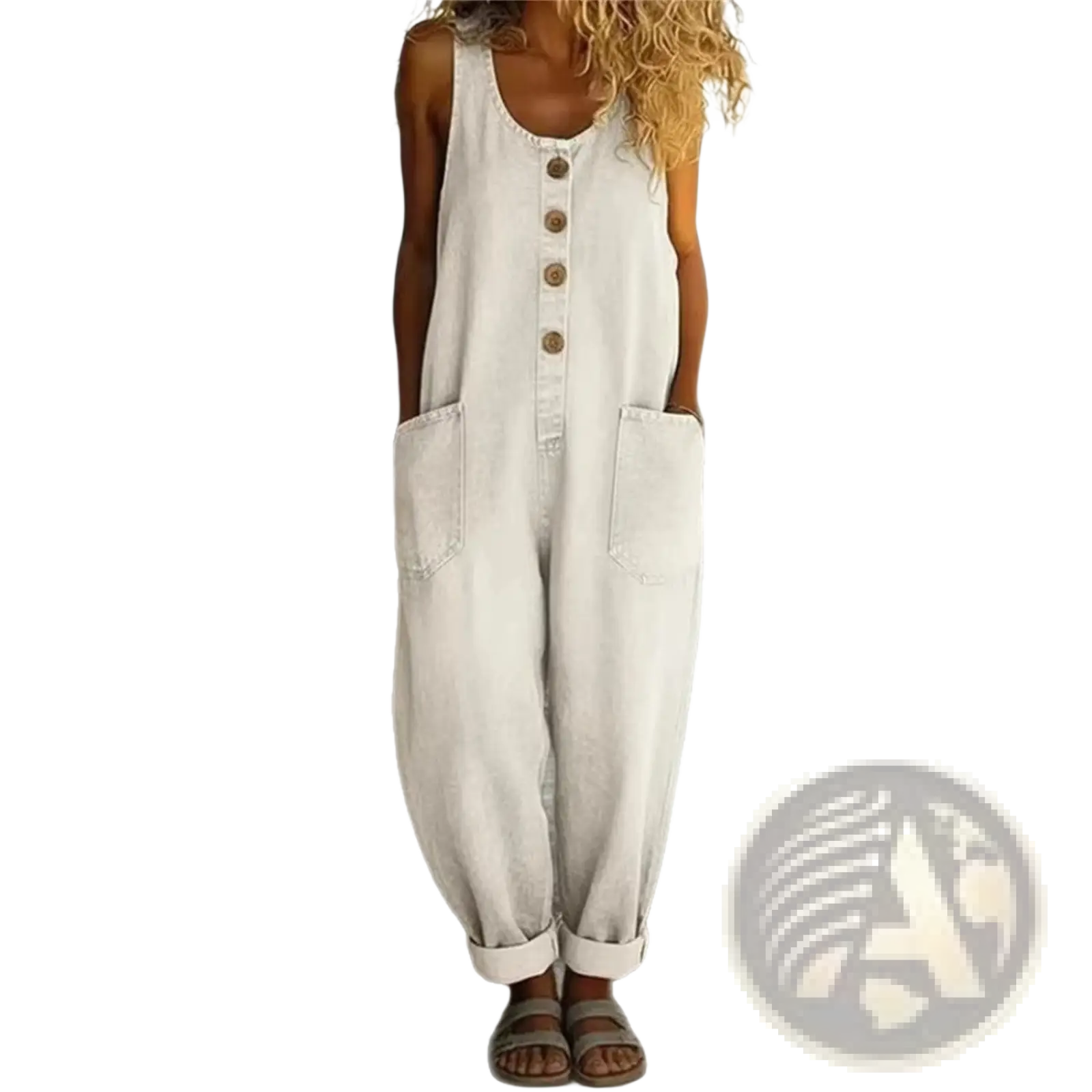 Denim jumpsuit sleeveless pocket overalls in light-wash denim with button-front and cuffed loose-fitting legs