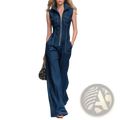 A navy blue sleeveless denim jumpsuit with front zipper and two chest pockets in wide leg romper style