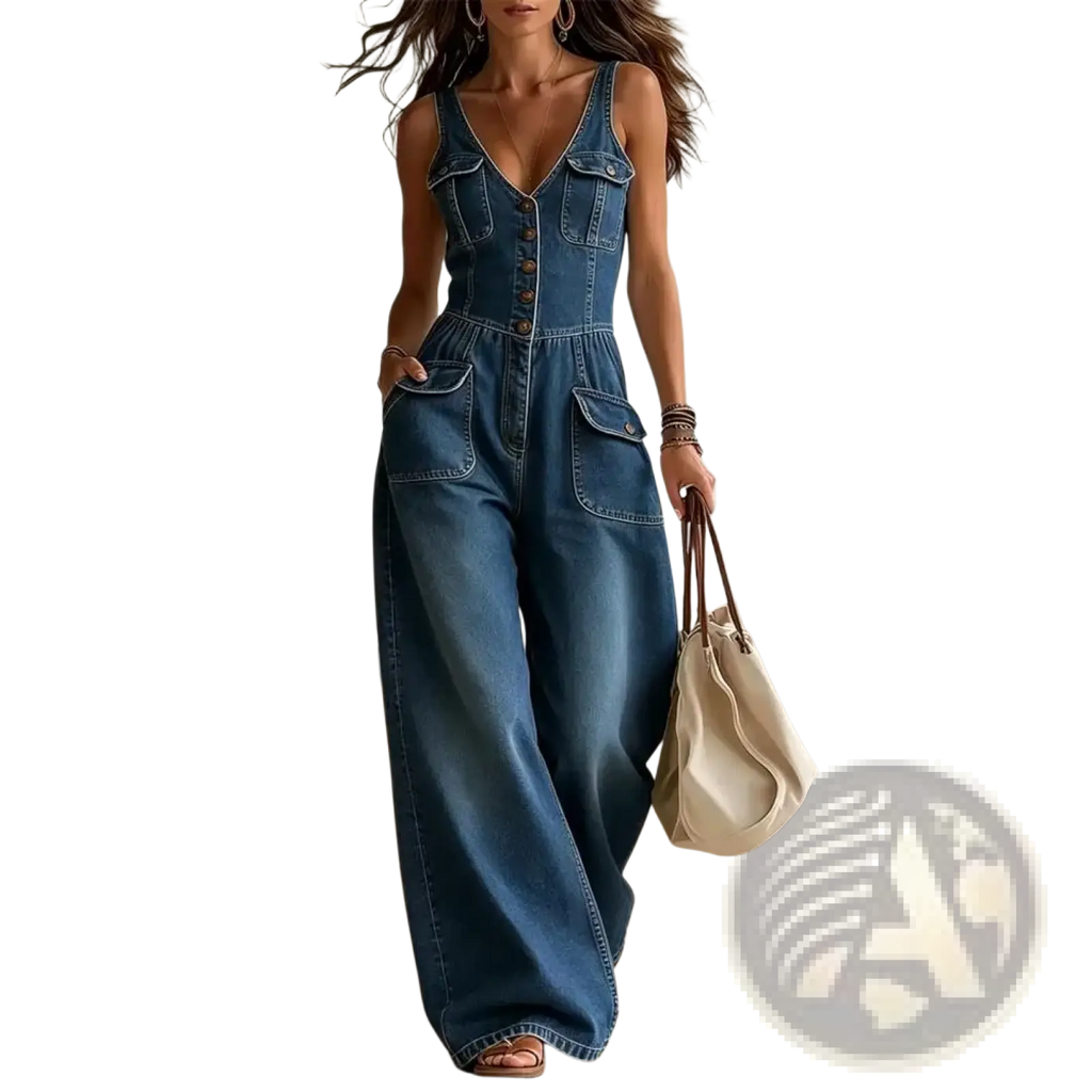 Blue denim jumpsuit with a deep v-neckline wide leg and button-front design perfect for casual wear