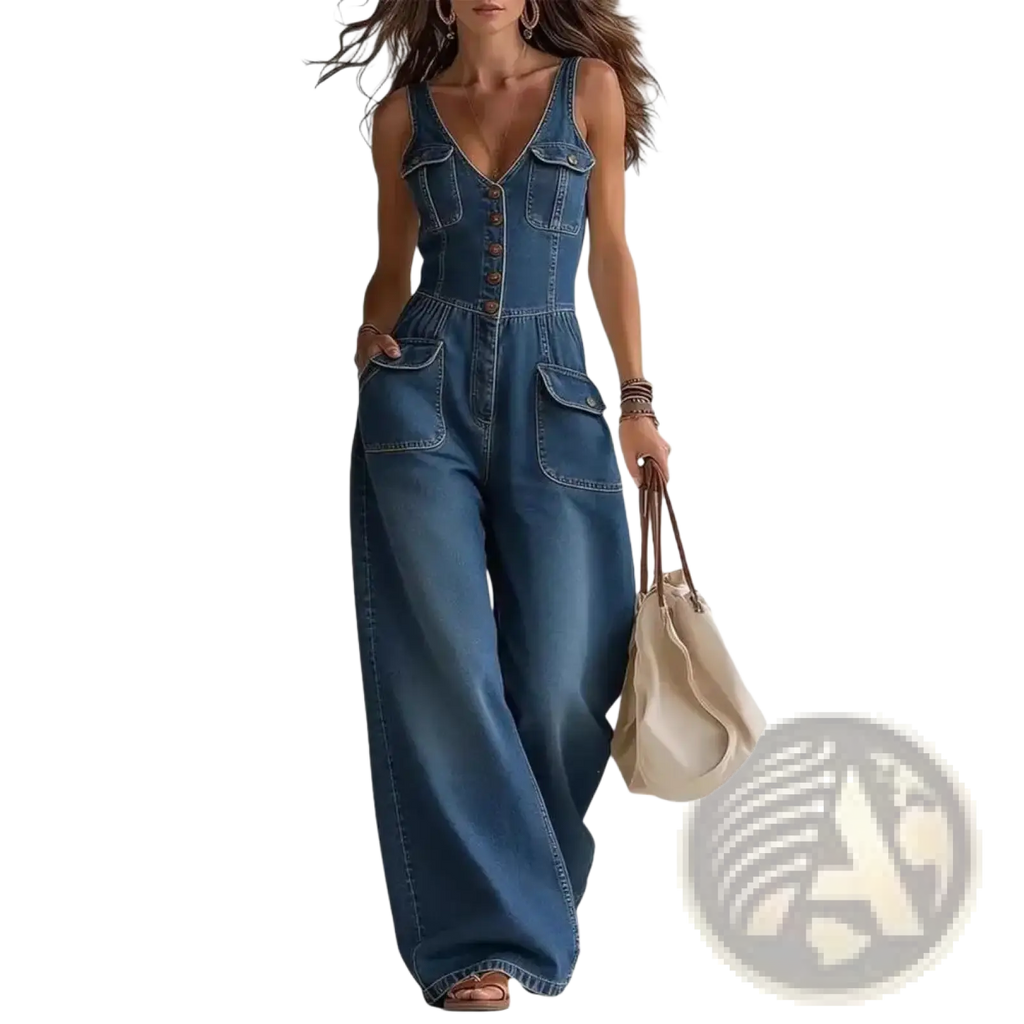 Blue denim jumpsuit with v-neckline button-front closure and wide-leg design for stylish casual wear