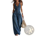 Blue denim jumpsuit with v-neckline button-front closure and wide-leg design for stylish casual wear