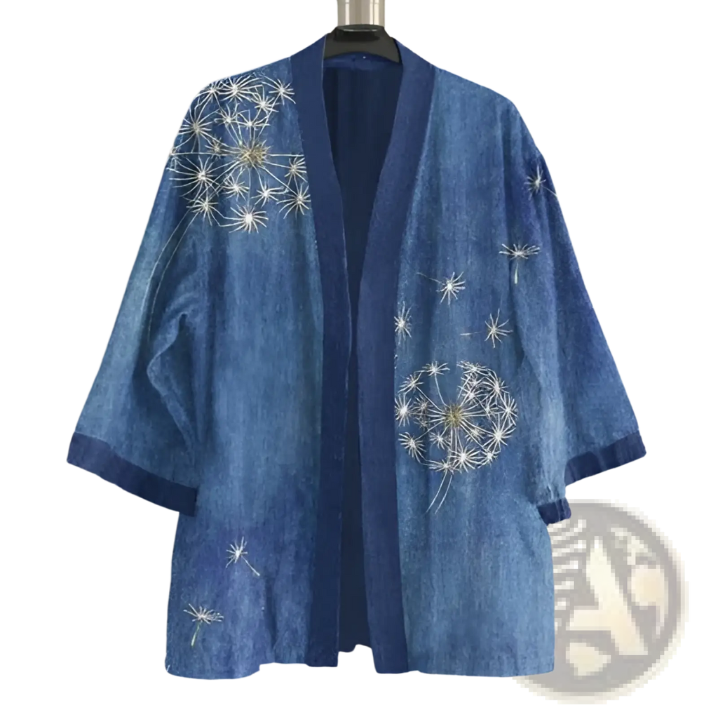A navy blue denim kimono cardigan for men with intricate white and gold dandelion embroidery