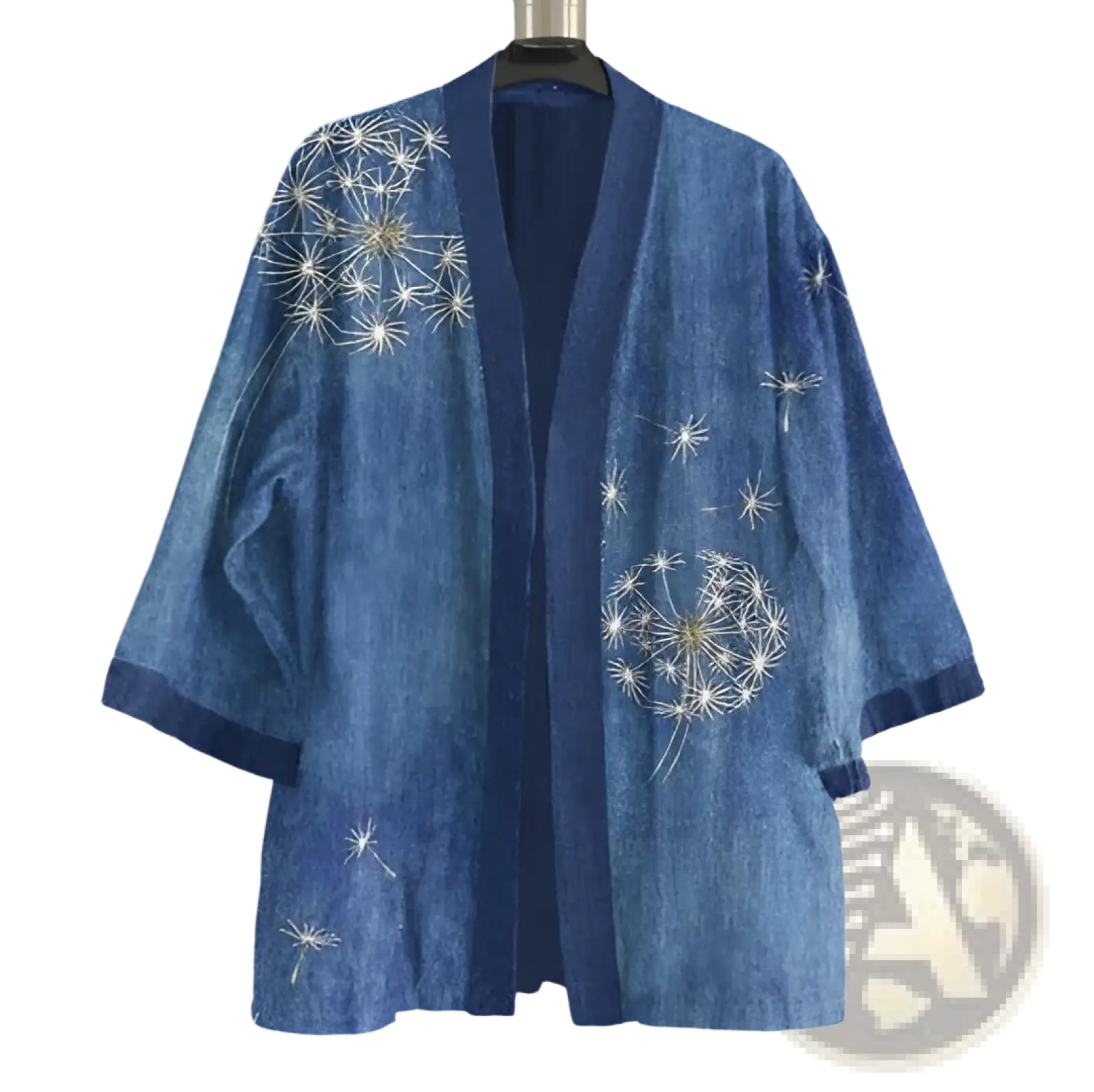 A navy blue denim kimono cardigan for men with intricate white and gold dandelion embroidery