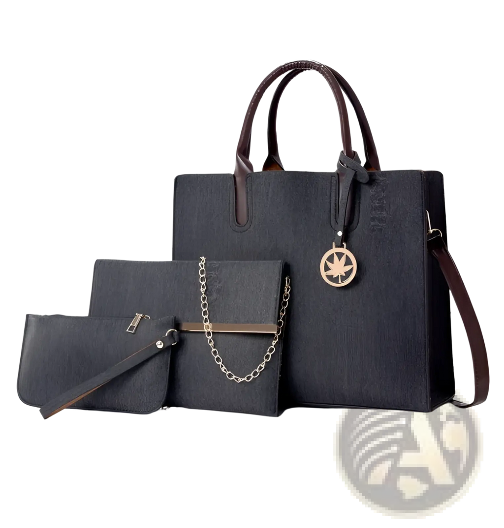 Dark gray textured denim and leather handbag with brown leather handles and gold maple leaf charm in multi compartment set