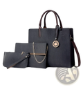 Dark gray textured denim and leather handbag with brown leather handles and gold maple leaf charm in multi compartment set