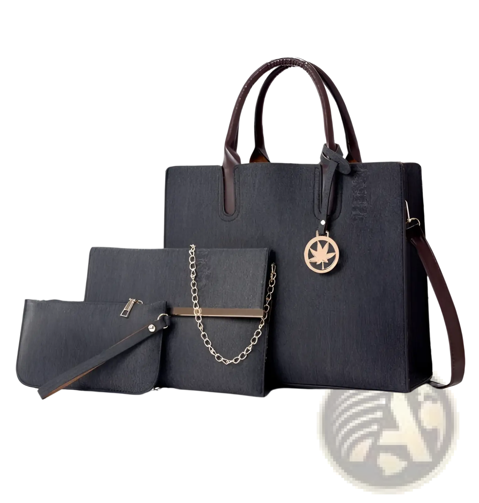 Dark gray textured denim and leather handbag with brown leather handles and gold maple leaf charm in multi compartment set