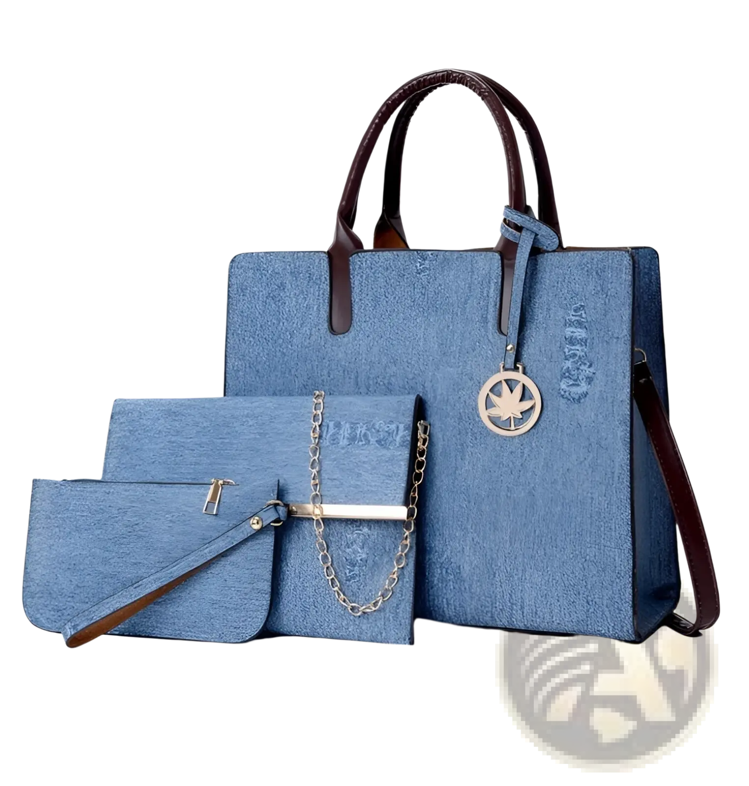 Denim and leather three piece handbag set in blue with textured fabric brown leather handles silver chain and maple leaf charm