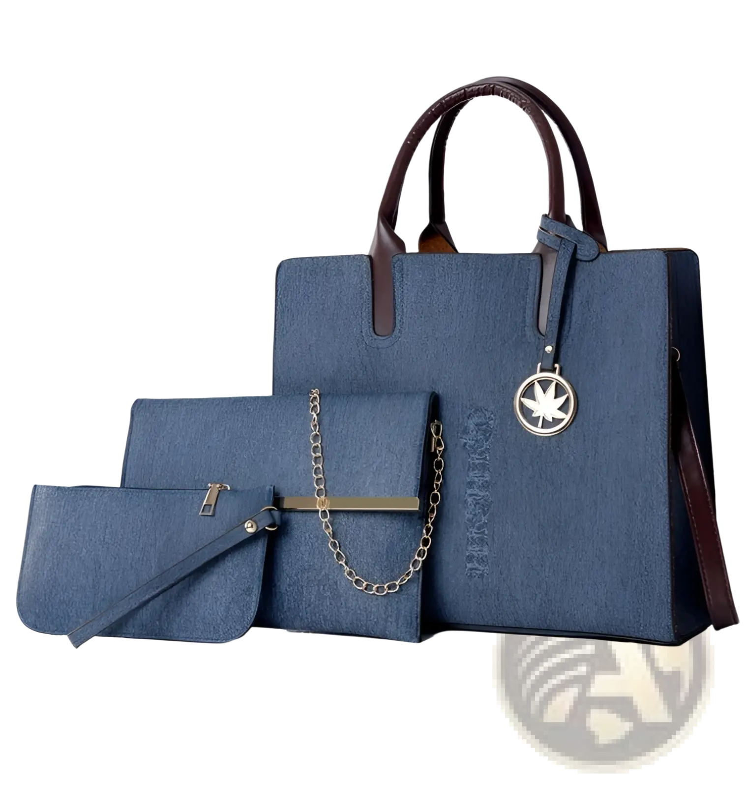 Dark blue denim and leather three piece multi compartment handbag set with brown handles and silver maple leaf charm