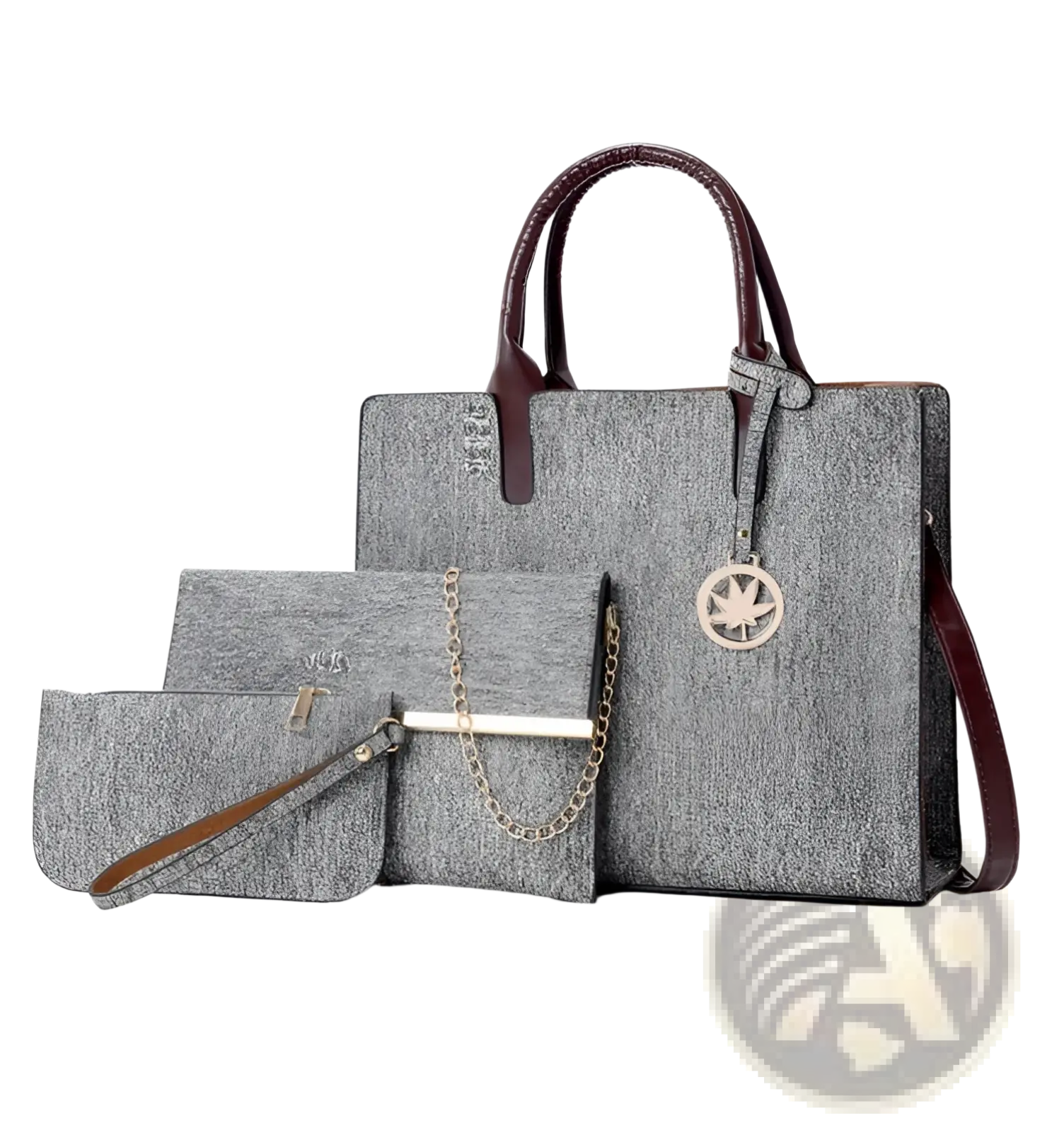 Denim and leather three piece multi compartment handbag set with grey felt body brown leather handles and silver cannabis charm