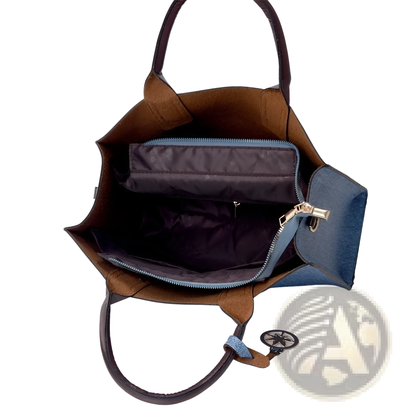 Denim and leather three piece multi compartment handbag set featuring a brown and blue two-tone tote with leather handles and a compass charm