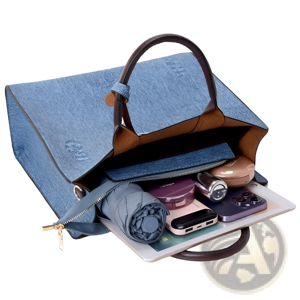 Denim and leather three piece multi compartment handbag set featuring a denim blue bag with brown leather handles and zippered compartments