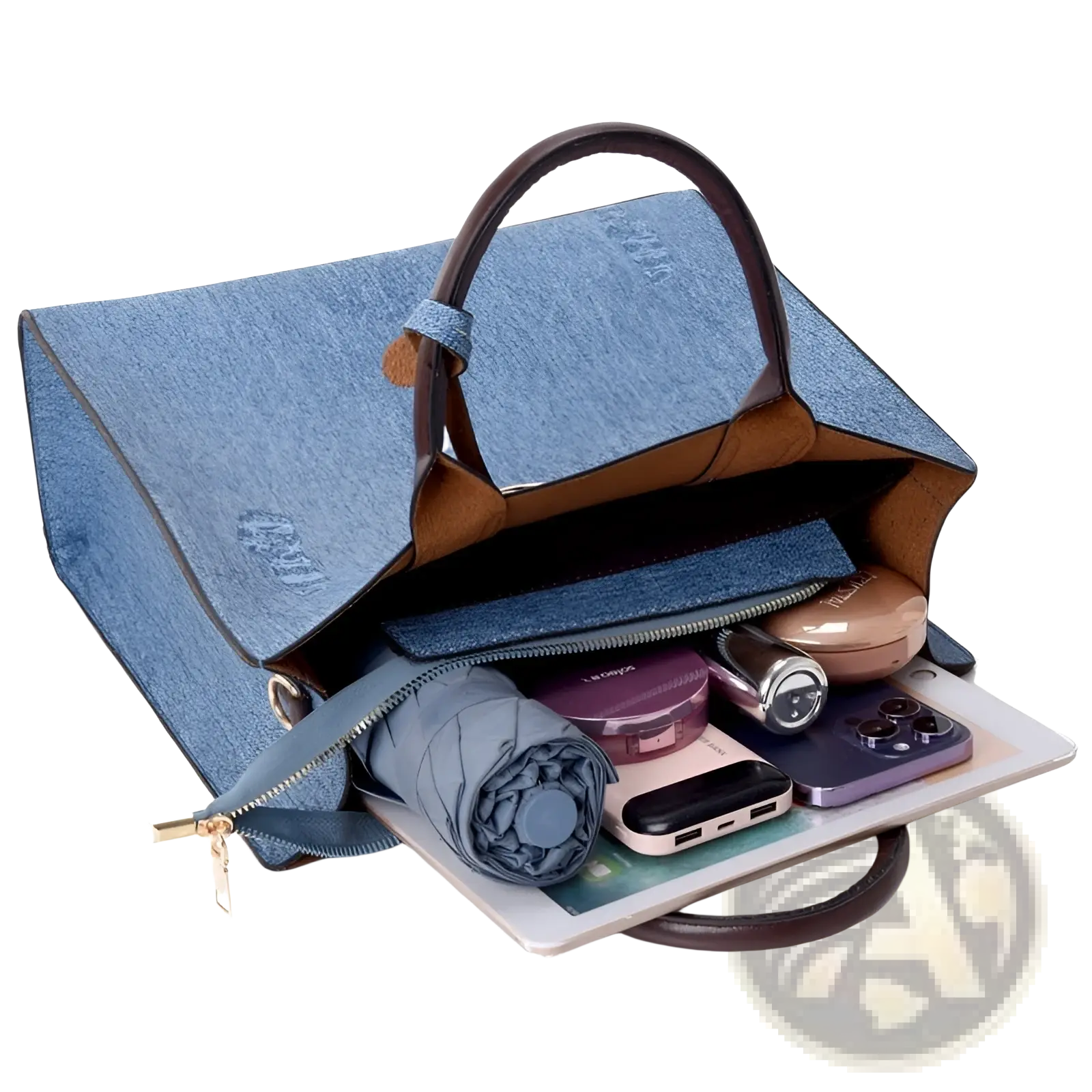 Denim and leather three piece multi compartment handbag set featuring a denim blue bag with brown leather handles and zippered compartments