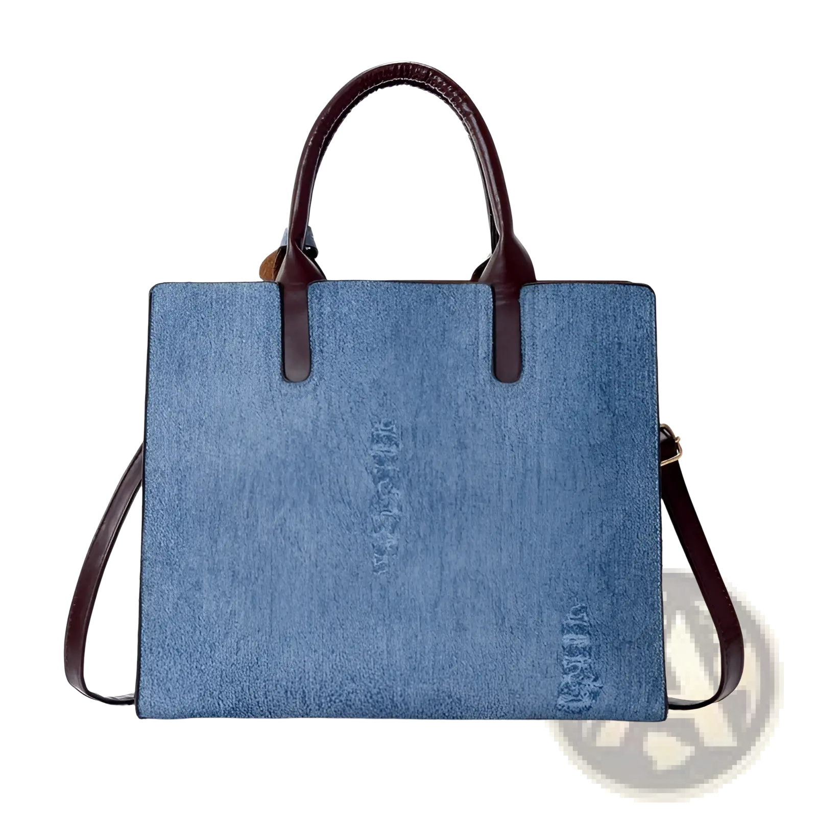 Blue denim tote bag with brown leather handles and shoulder strap from denim and leather three piece multi compartment handbag set