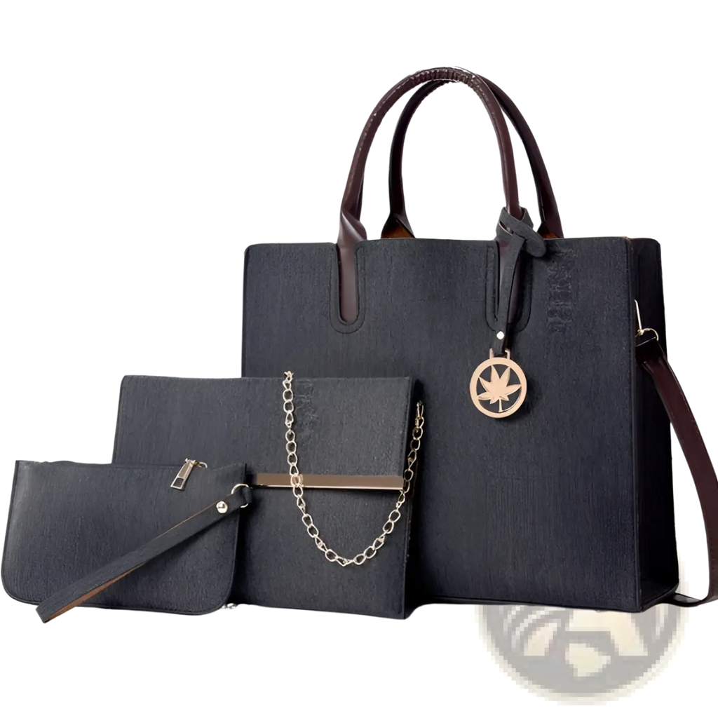 Dark gray textured handbag with brown leather handles and gold maple leaf charm from denim and leather three piece set