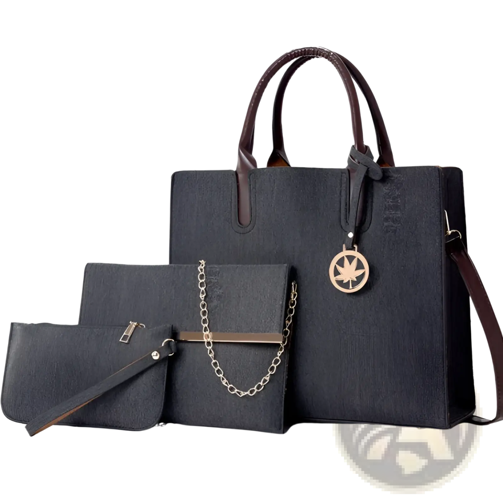 Dark gray textured handbag with brown leather handles and gold maple leaf charm from denim and leather three piece set