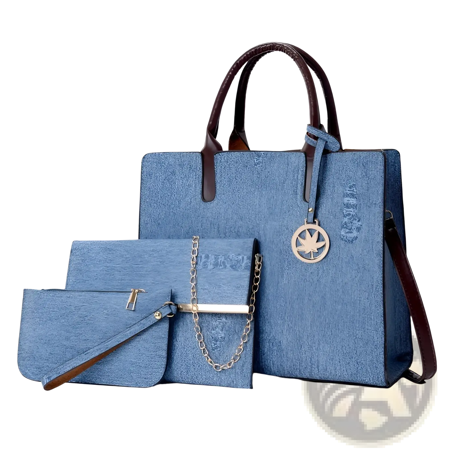 Blue denim handbag with brown leather handles and gold-tone leaf charm from denim and leather multi compartment set