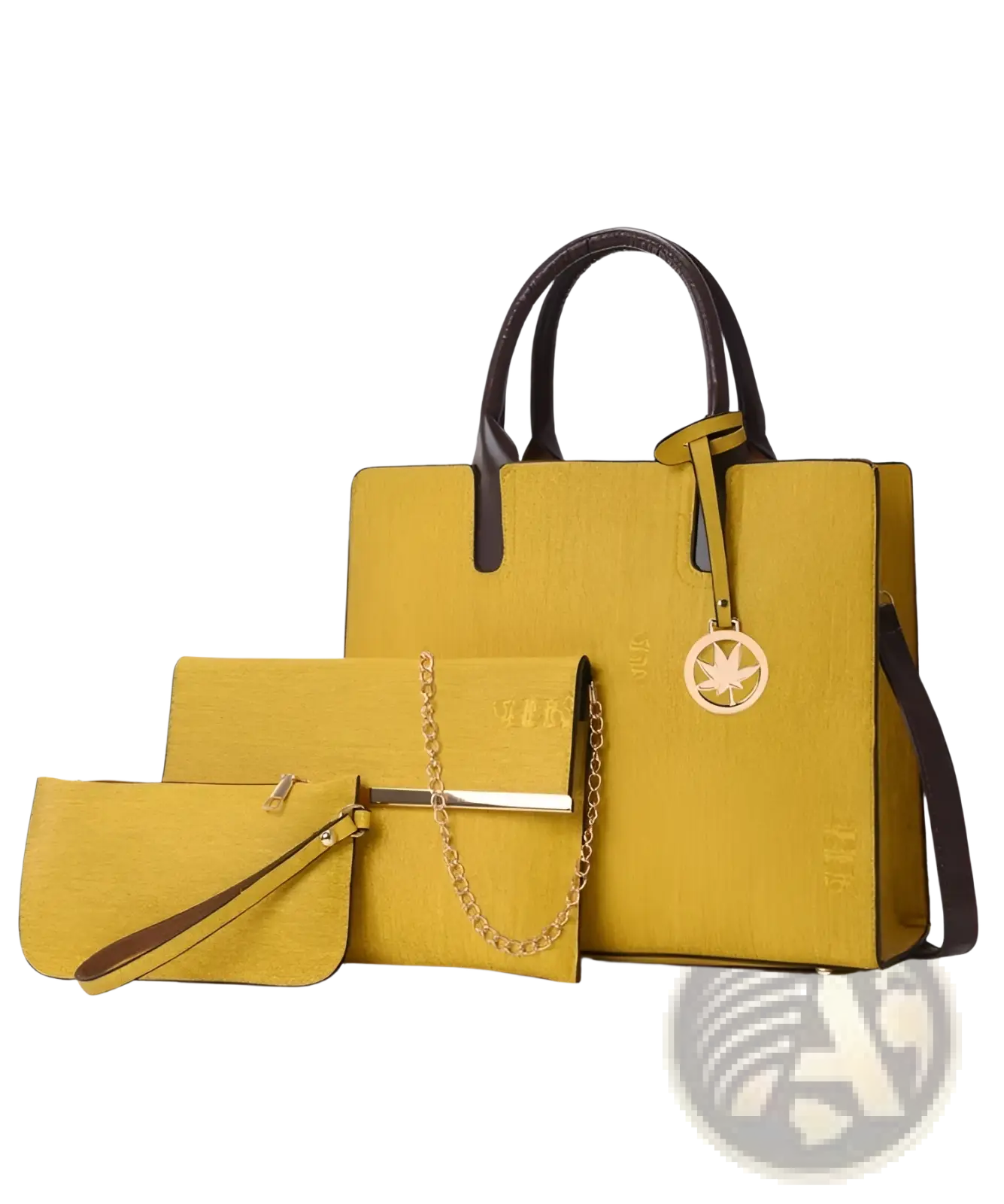 Yellow textured leather handbag with black handles and gold chain accents from denim and leather three piece set