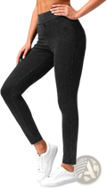 Black high-waisted slimming denim leggings with a slim fit and subtle athletic texture for active wear