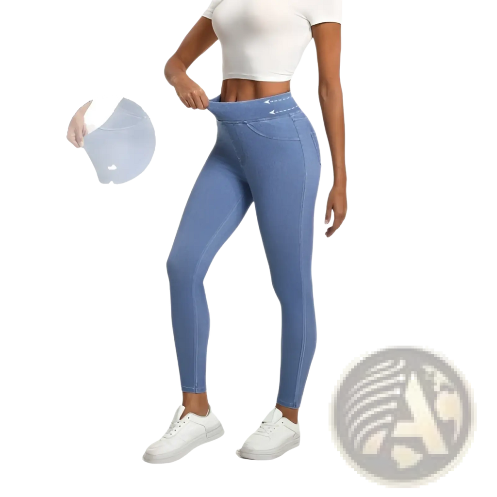 Light blue denim leggings with a high waist and elasticized fit for slimming and athletic wear