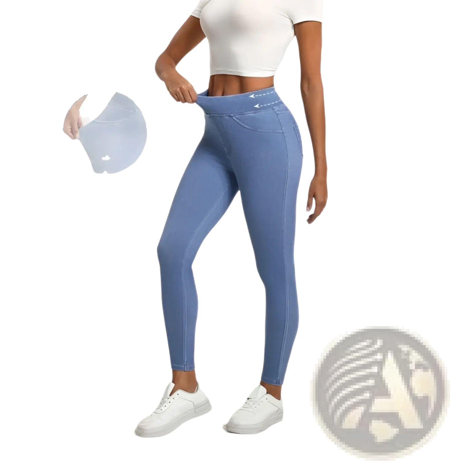 Light blue denim leggings with a high waist and elasticized fit for slimming and athletic wear