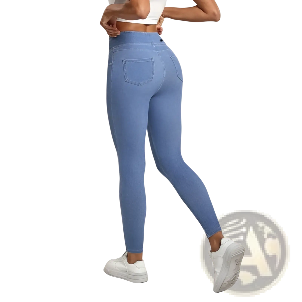 Light blue denim leggings with high waist slimming and push up design for athletic and casual wear