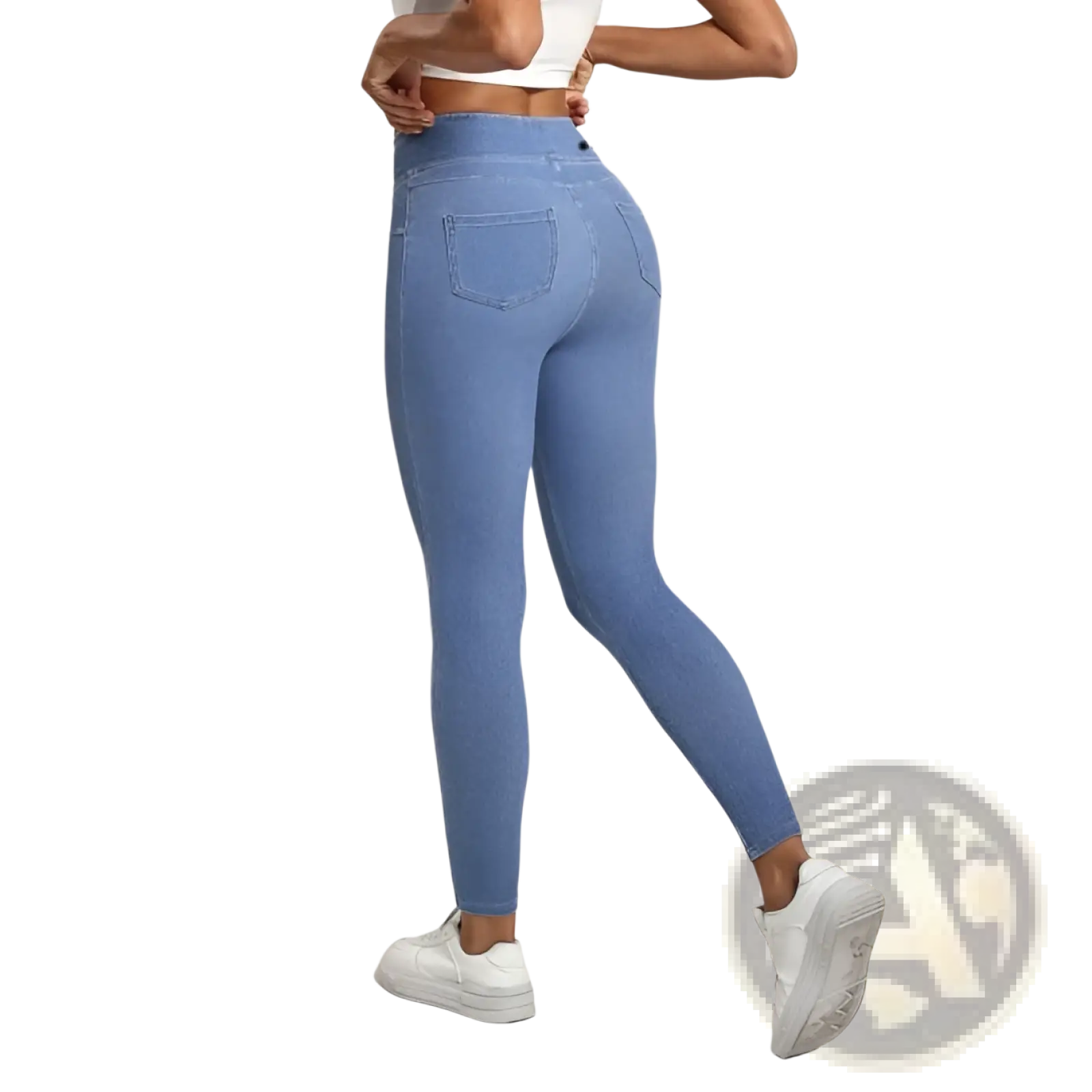 Light blue denim leggings with high waist slimming and push up design for athletic and casual wear