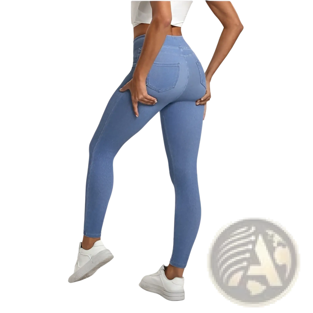 Light blue high-waisted denim leggings with a snug fit and back pockets shown from the back side