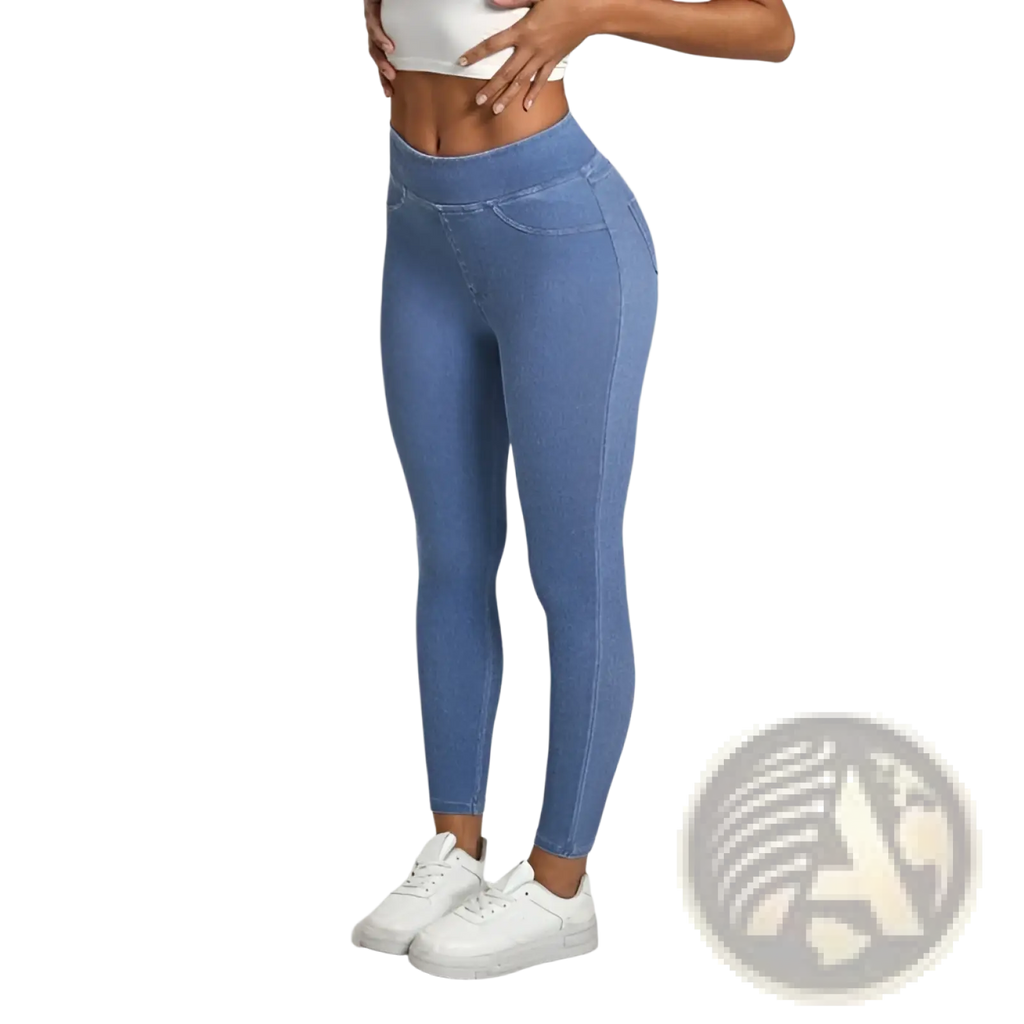 High-waisted blue denim leggings with a snug, form-fitting design perfect for athletic and slimming wear
