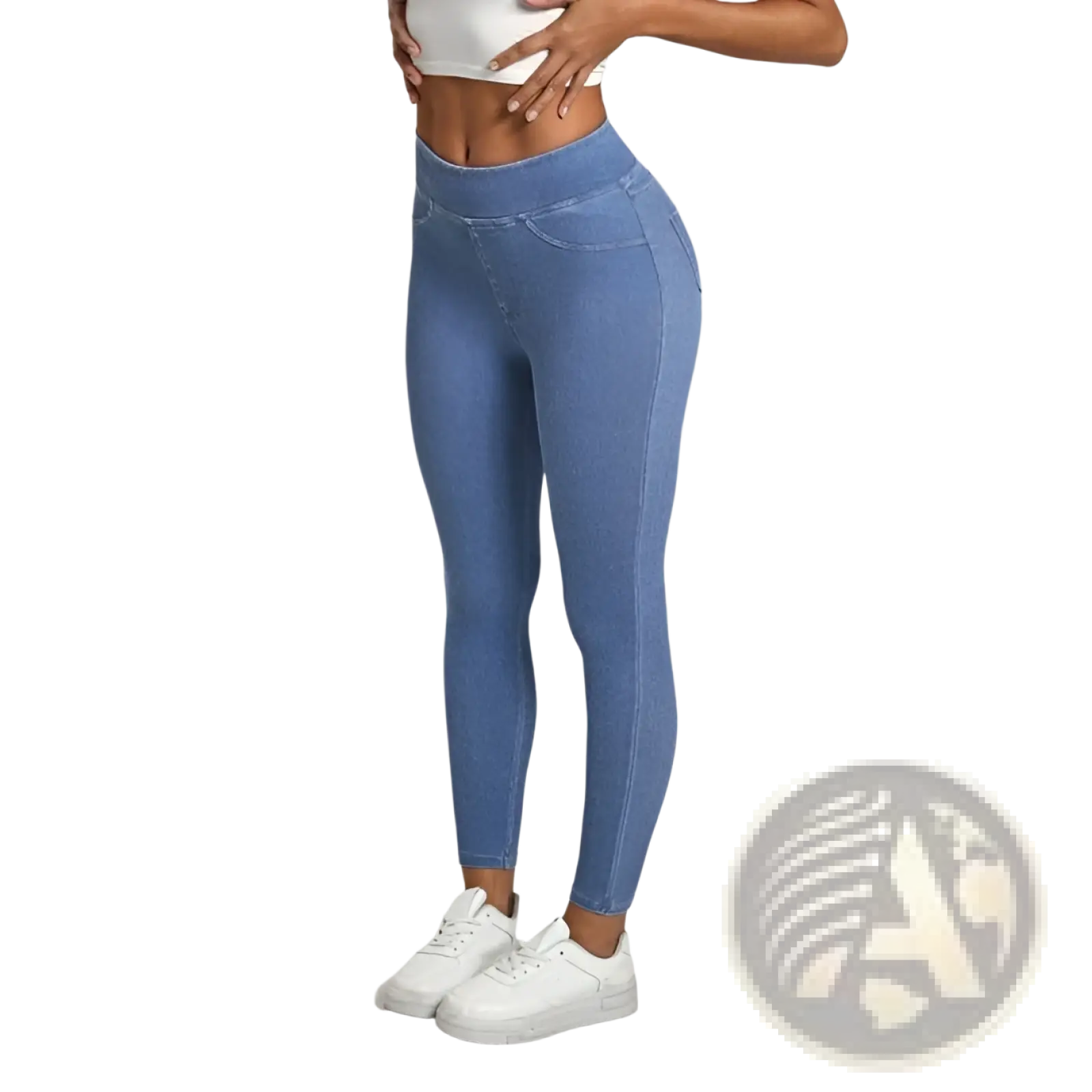 High-waisted blue denim leggings with a snug, form-fitting design perfect for athletic and slimming wear