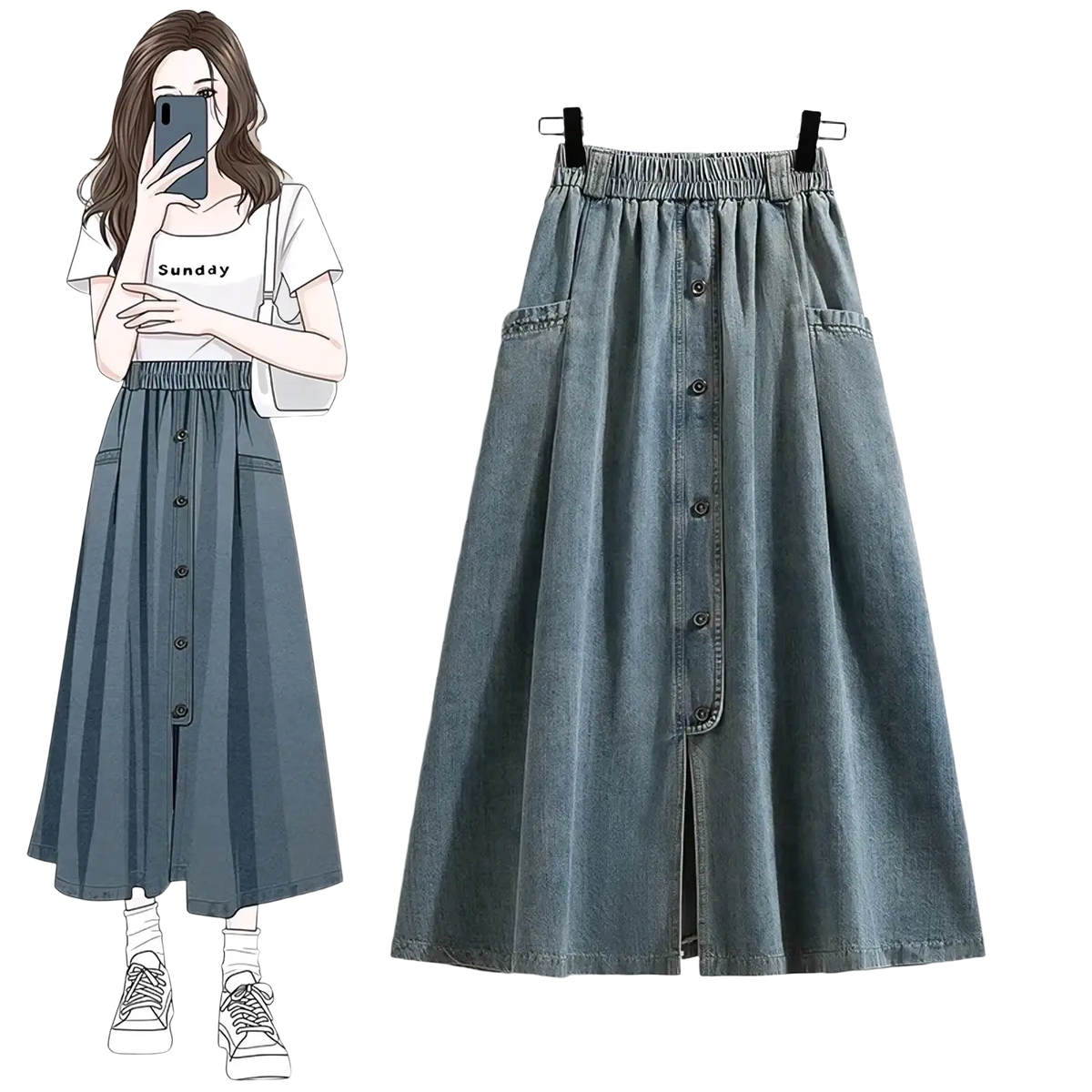 Denim a-line midi skirt in blue with vintage button front design and elastic waistband for comfortable wear