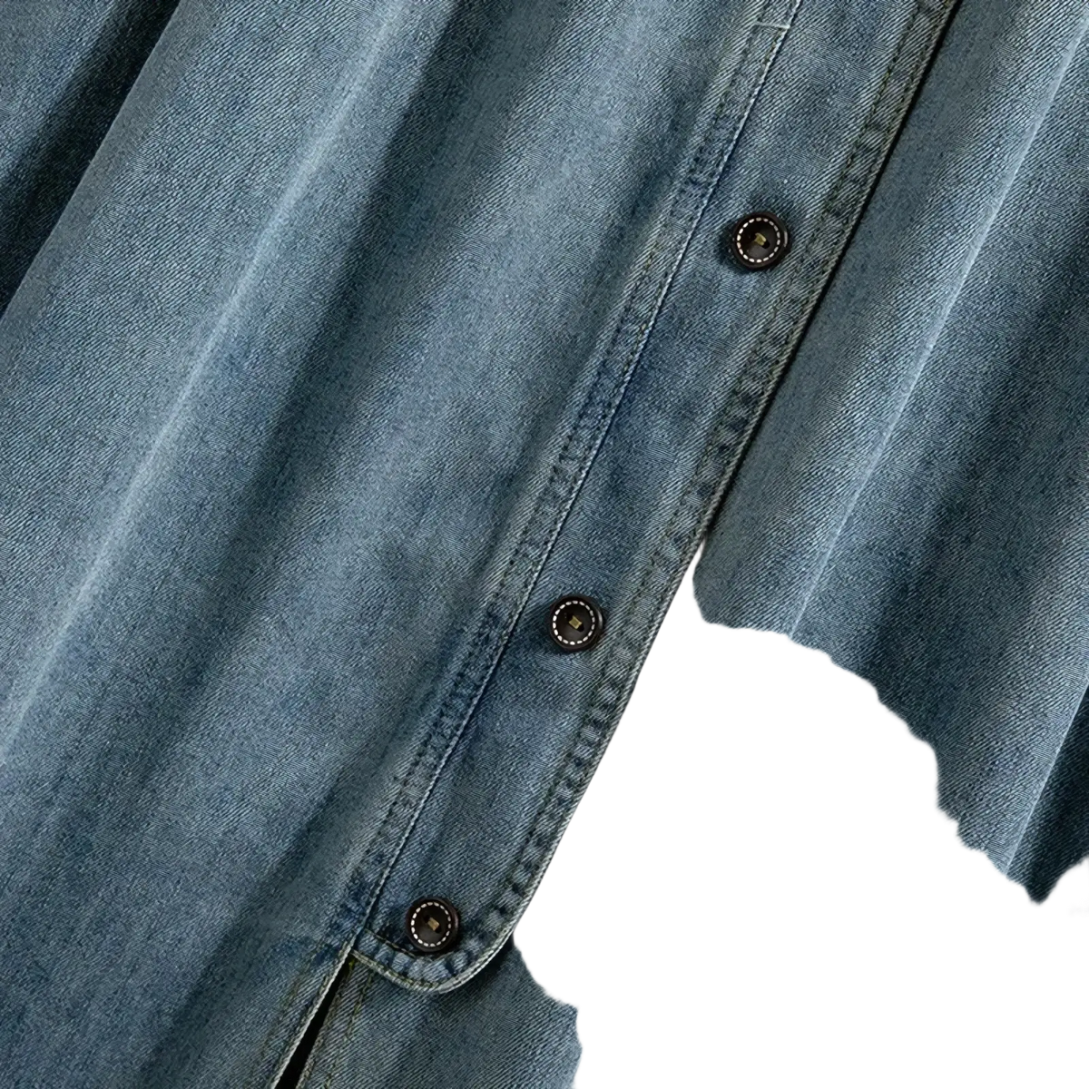 Denim a-line midi skirt with vintage button front paired with a blue denim shirt featuring dark brown buttons and stitching