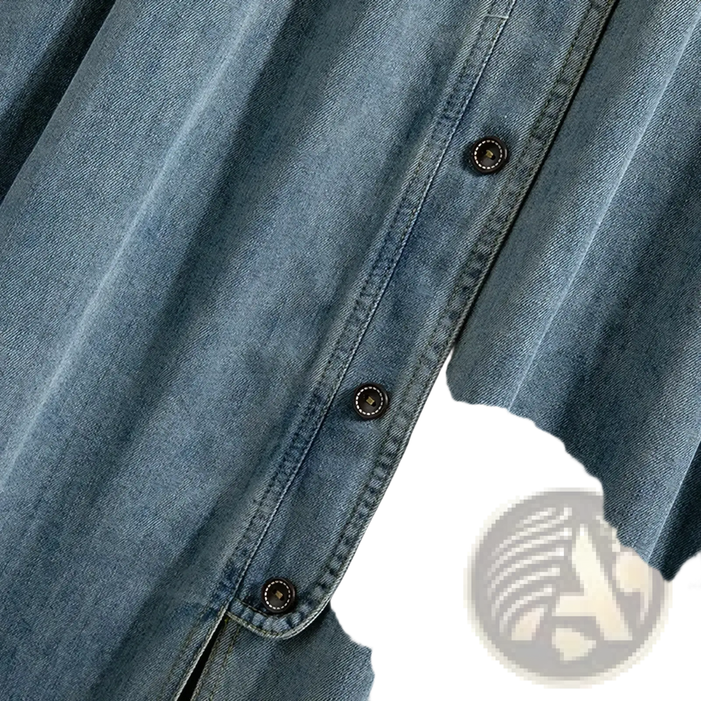 Denim a-line midi skirt with vintage button front paired with a blue denim shirt featuring dark brown buttons and stitching