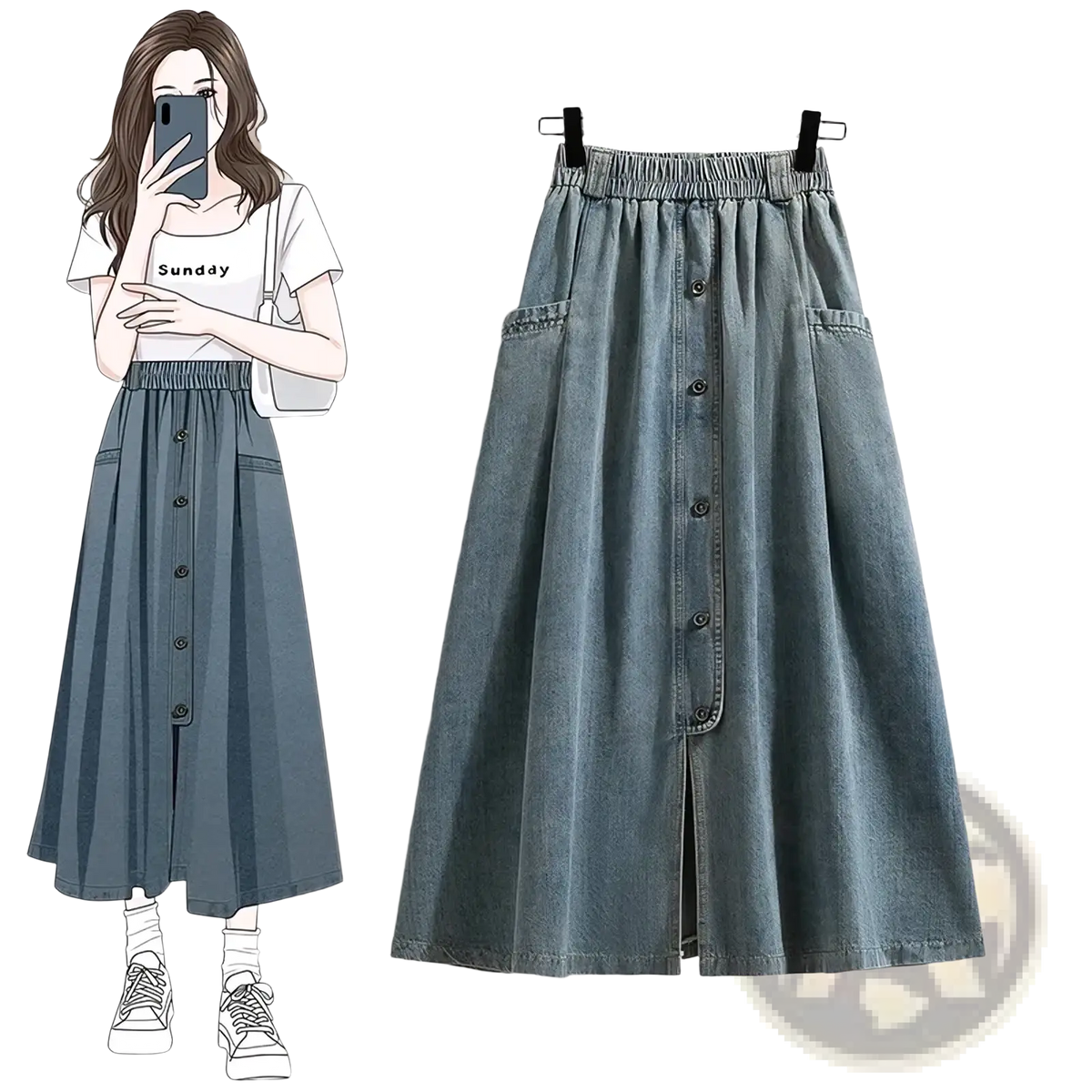 Denim a-line midi skirt in blue with vintage button front design and elastic waistband for comfortable wear
