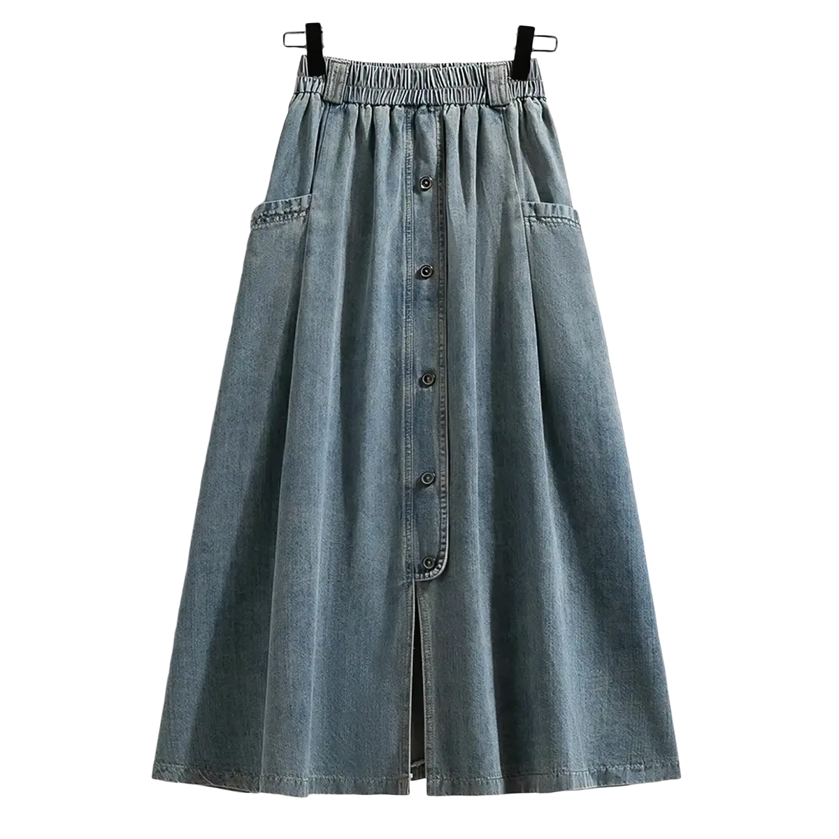 Denim a-line midi skirt in light-wash denim with elastic waistband, front button closure, and two side pockets