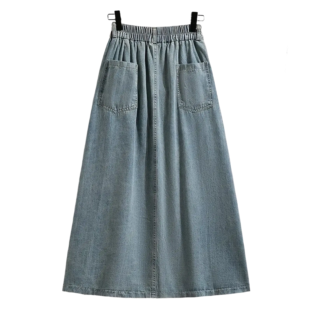 Denim a-line midi skirt in light-wash denim with elastic waistband vintage button front and two front pockets