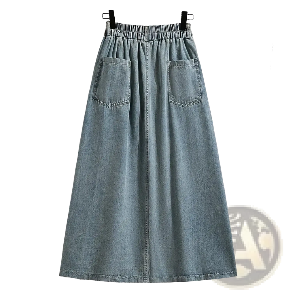 Denim a-line midi skirt in light-wash denim with elastic waistband vintage button front and two front pockets