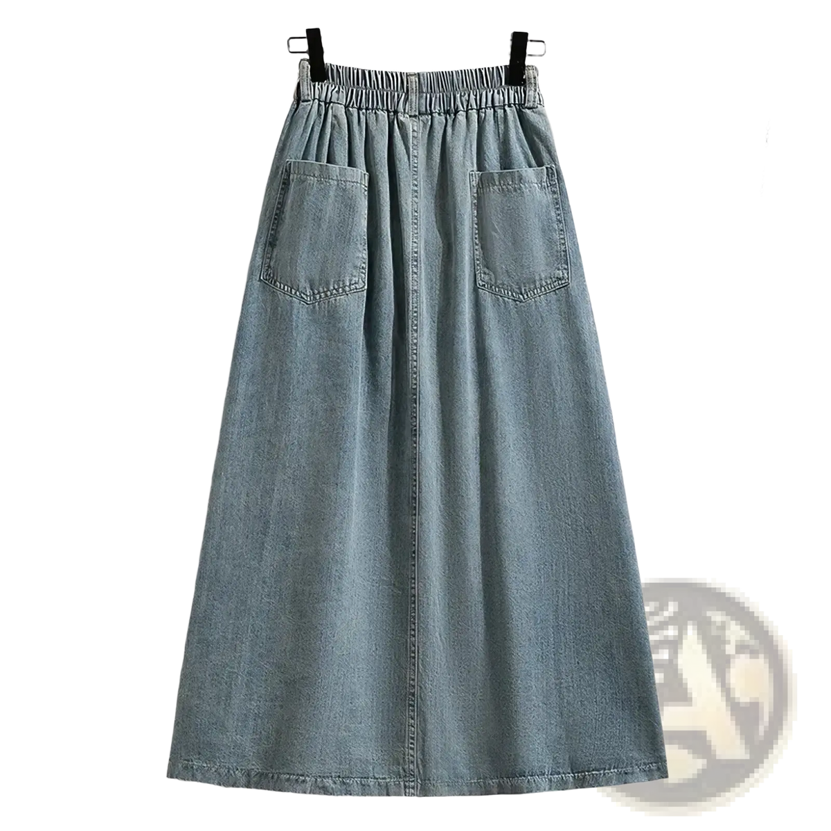 Denim a-line midi skirt in light-wash denim with elastic waistband vintage button front and two front pockets