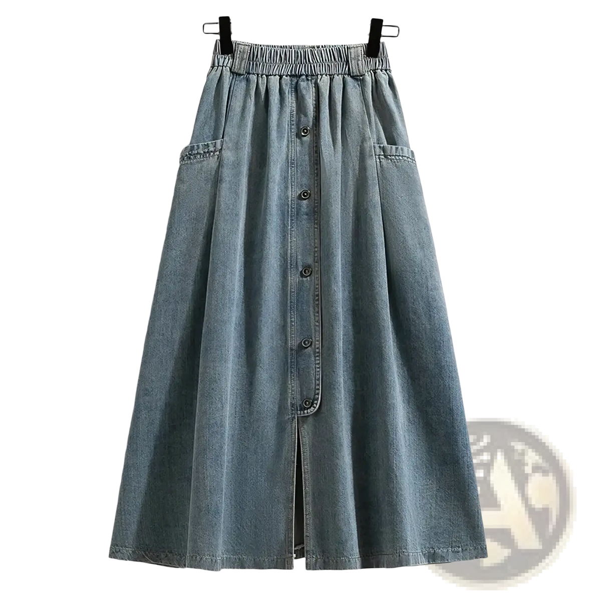 Denim a-line midi skirt in light-wash denim with elastic waistband, front button closure, and two side pockets