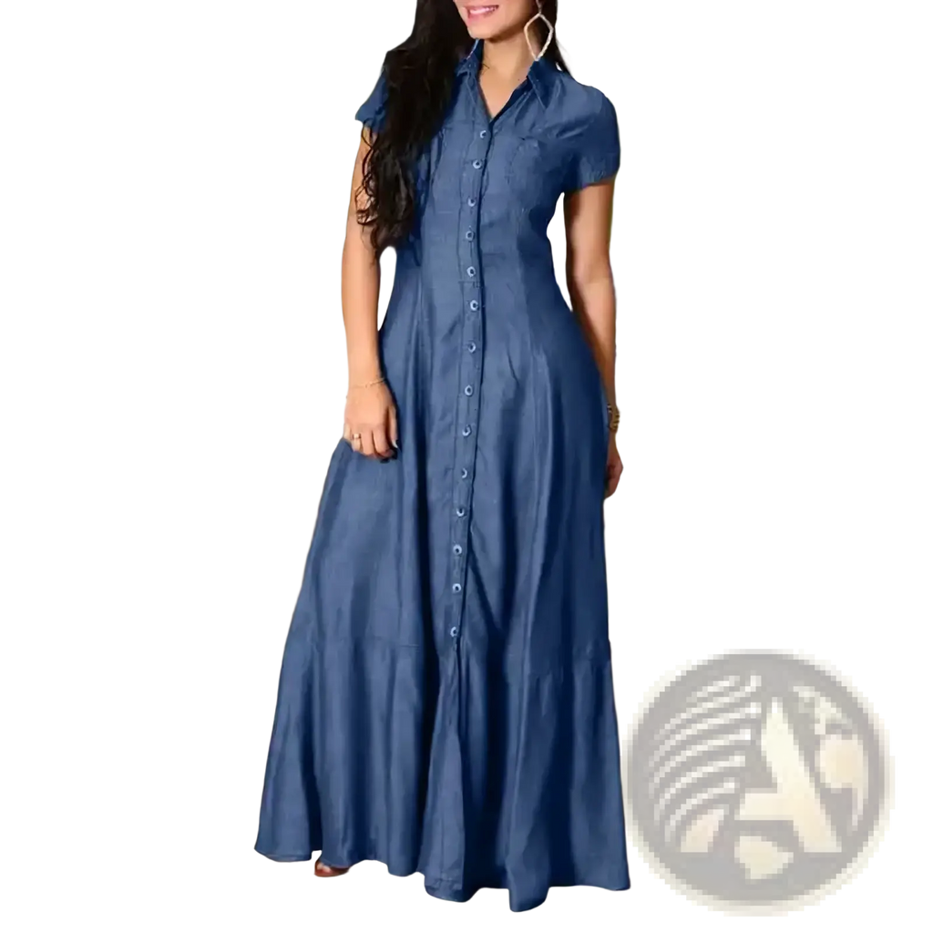 A woman wears a long blue denim maxi dress with short sleeves and button-down front for casual wear