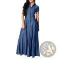 A woman wears a long blue denim maxi dress with short sleeves and button-down front for casual wear