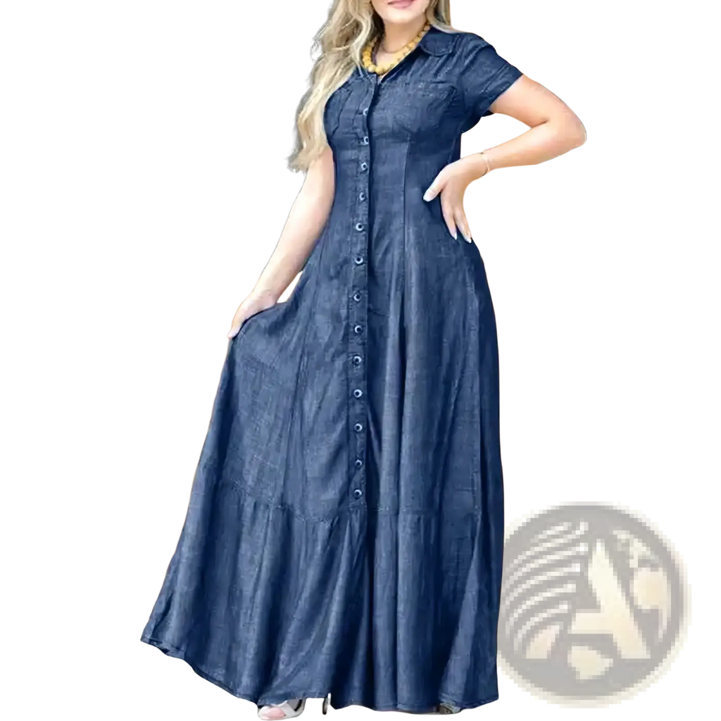 A navy blue denim maxi dress with short sleeves and a button-down front for casual wear