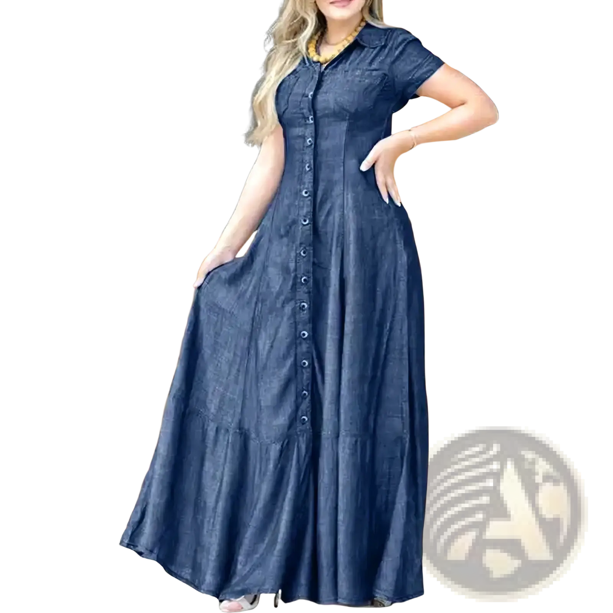 A navy blue denim maxi dress with short sleeves and a button-down front for casual wear