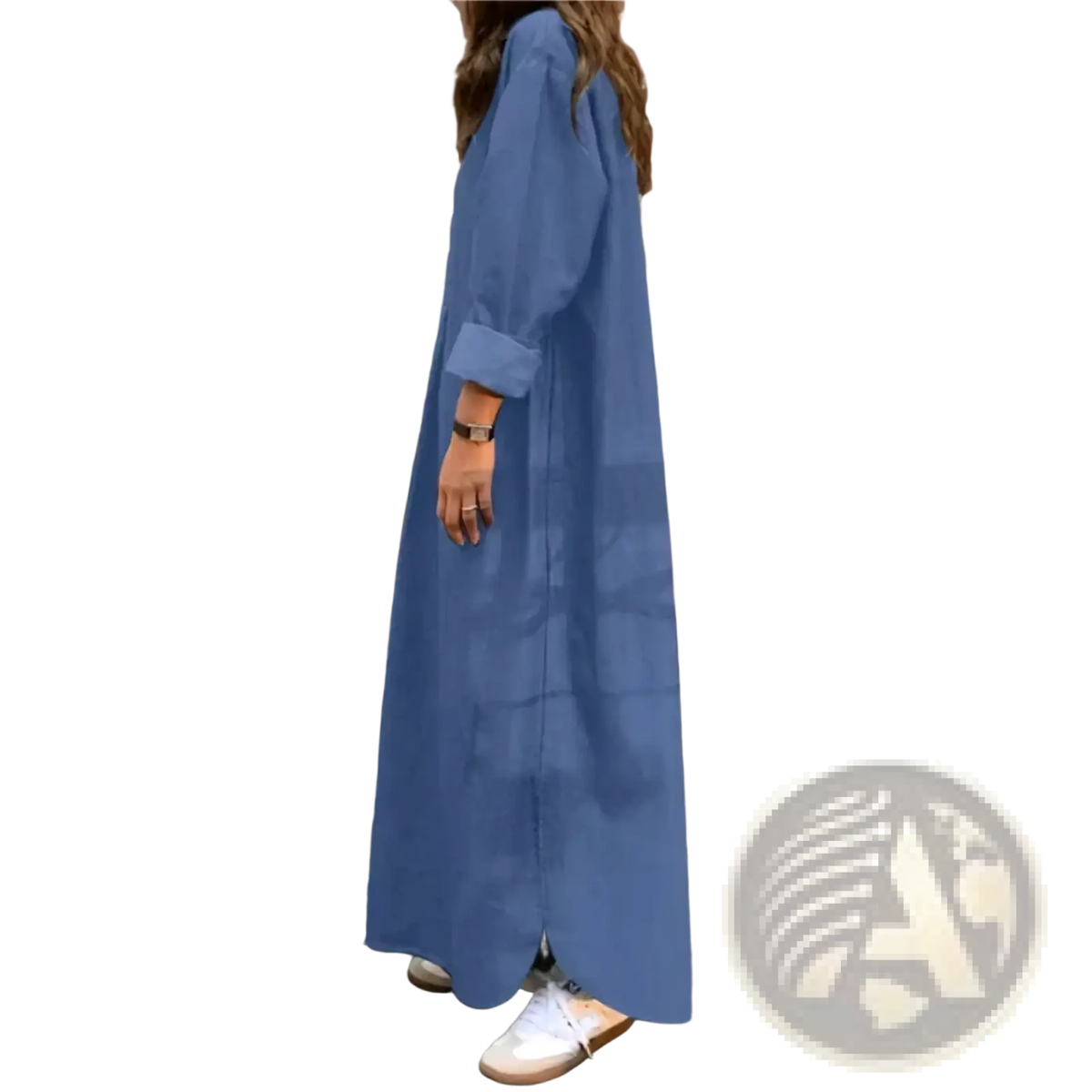 A long flowing blue cotton denim maxi dress with oversized relaxed fit and rolled-up sleeves for casual wear