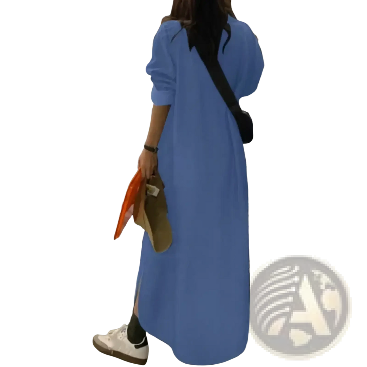 A light blue denim maxi dress with long sleeves, loose fit, high-low hemline, and side slit for casual wear