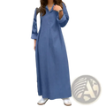 A long solid blue cotton denim maxi dress with button-front and rolled-up sleeves for casual wear