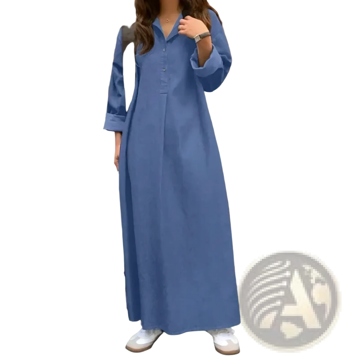 A long solid blue cotton denim maxi dress with button-front and rolled-up sleeves for casual wear