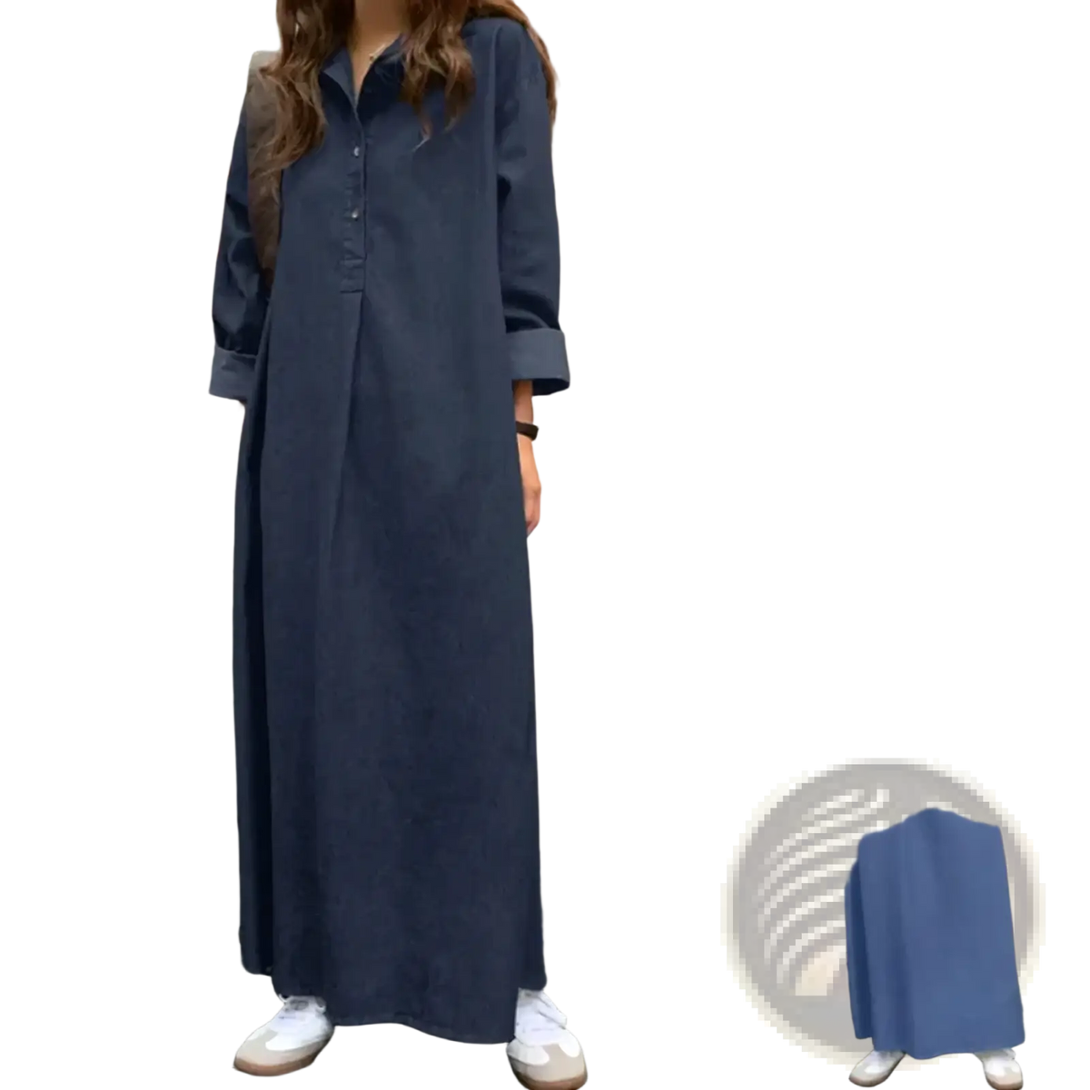 Navy blue denim maxi dress with long sleeves relaxed fit and rolled cuffs for casual wear